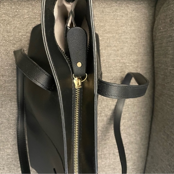 Faux Leather Triple Compartment Tote Bag in black with zippered top closure - Picture 9 of 14